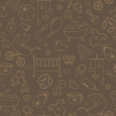 Çocukluk ve yeni doğan bebekler, Bebek aksesuarları ve oyuncaklar, basit kontür simgeler, konulu seamless modeli ışık dağılımı üzerinde kahverengi zemin