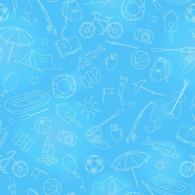Yaz kampı ve tatil, basit kontür simgeler, beyaz kontur mavi bir arka plan üzerinde tema seamless modeli