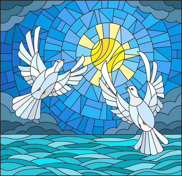 Illustration en style vitrail avec une paire de colombes blanches sur le fond du ciel, de l'eau et des nuages de jour — Image vectorielle