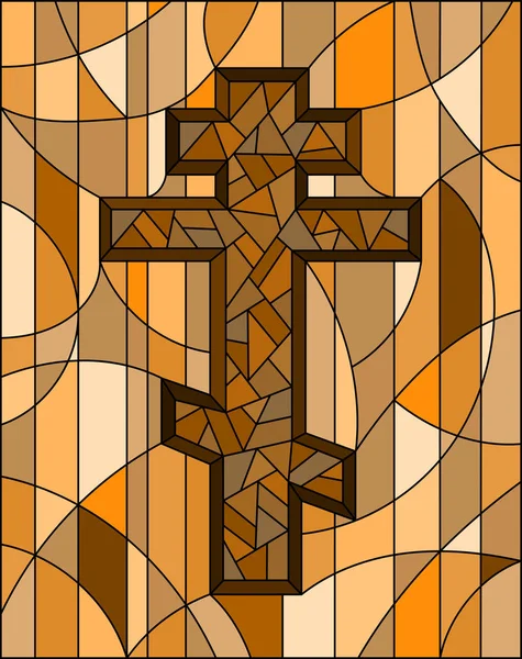 Illustrazione in stile vetrate con croce cristiana su sfondo geometrico astratto, tono marrone, Seppia — Vettoriale Stock