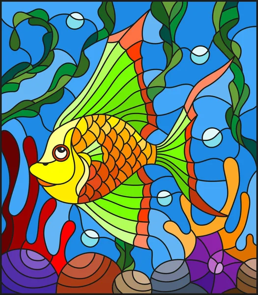 Иллюстрация в витражном стиле с абстрактной красочной экзотической рыбой среди морских водорослей, кораллов и раковин — стоковый вектор