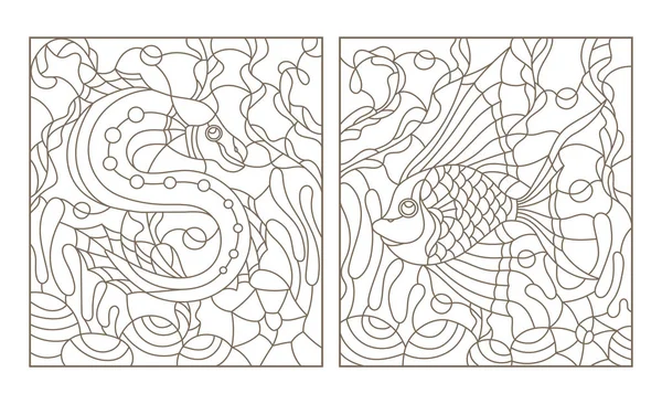 Establecer ilustraciones de contorno en el estilo de vidrieras con brillante abstracto dos peces exóticos en medio de algas marinas, coral y conchas — Vector de stock
