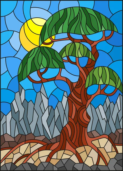 Illustration en vitrail avec arbre abstrait vert sur le fond du ciel, du soleil et de la montagne — Image vectorielle