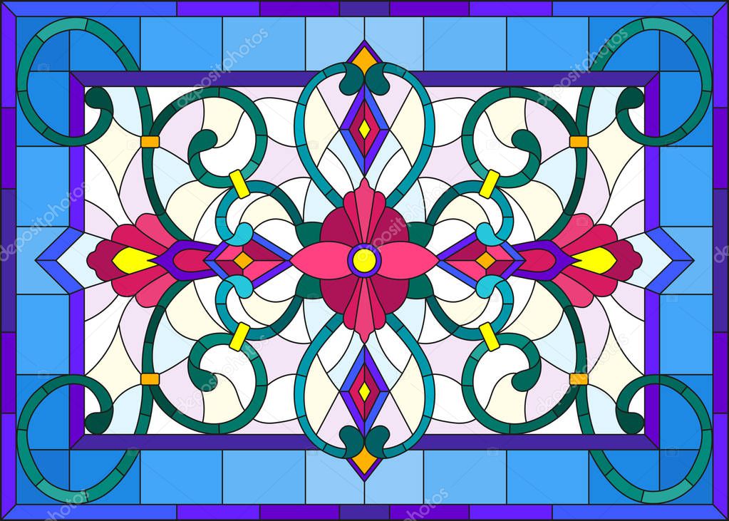 llustration in stained glass style with abstract  swirls,flowers and leaves  on a light background,horizontal orientation
