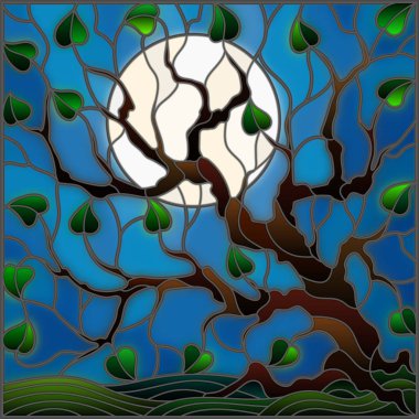 Vitray tarzı gökyüzü arka plan ve ay ağacı ile resimde