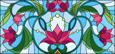 Vitray stil mavi bir arka plan üzerinde soyut pembe çiçekli resimde