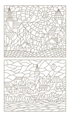 Şehir manzara ile renkli cam Windows kontur çizimleri ayarla