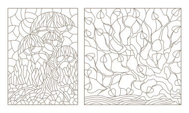 Vitray kontur illüstrasyonlar ağaçların görüntüsü ile ayarla