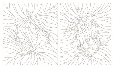 Kontur illüstrasyonlar vitray kaplumbağalar ve Uçan balıklar su ve hava kabarcık arka plan ayarla
