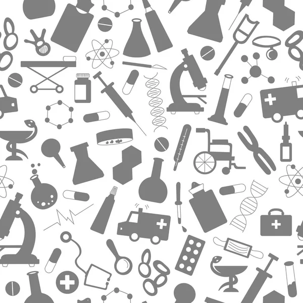 Vzor bezešvé s rukou kreslené ikony na téma lékařství a zdraví, šedé siluety ikon na bílém pozadí — Stockový vektor