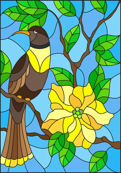 Ilustração no estilo de vitrais com um belo pássaro sentado em um ramo de uma árvore florescente em um fundo de folhas e céu —  Vetores de Stock