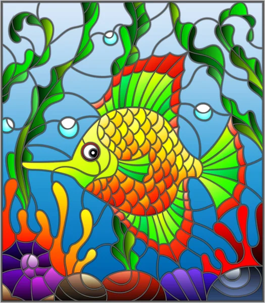 Ilustración en estilo vitral con peces exóticos coloridos abstractos en medio de algas marinas, coral y conchas — Vector de stock