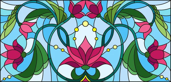 Illustration en vitrail avec des fleurs roses abstraites sur fond bleu — Image vectorielle
