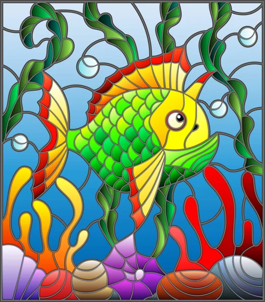 Illustration in stained glass style with abstract colorful exotic fish amid seaweed, coral and shells — Stock Vector