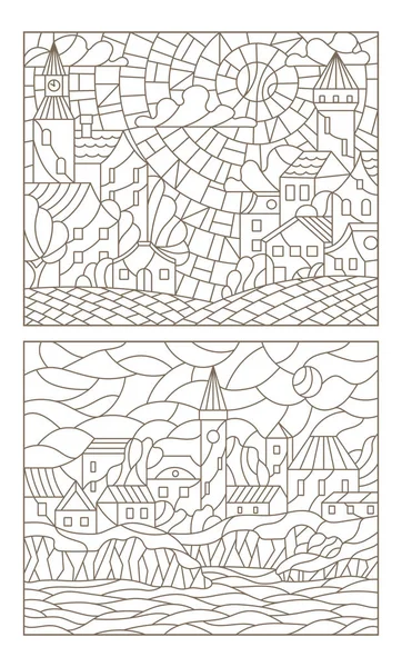 Définir les illustrations de contour des vitraux avec des paysages de ville — Image vectorielle
