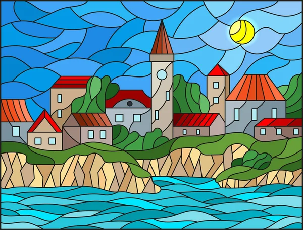 Gündüz gökyüzü ve güneşin arka planında nehir ve şehir ile boyalı cam tarzında bir resim