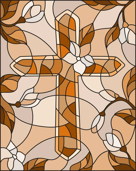 Вітражна ілюстрація з хрестом в небі і квітами, коричневі тони — стоковий вектор