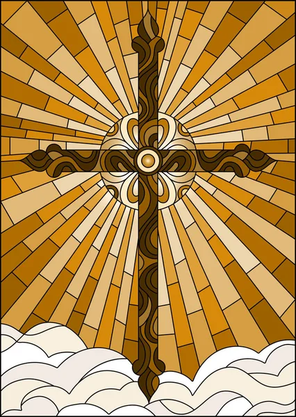 Εικονογράφηση στο λεκιασμένο γυαλί στυλ με το χριστιανικό σταυρό σε ένα φόντο του ουρανού και τα σύννεφα, καφέ τόνος, σέπια — Διανυσματικό Αρχείο
