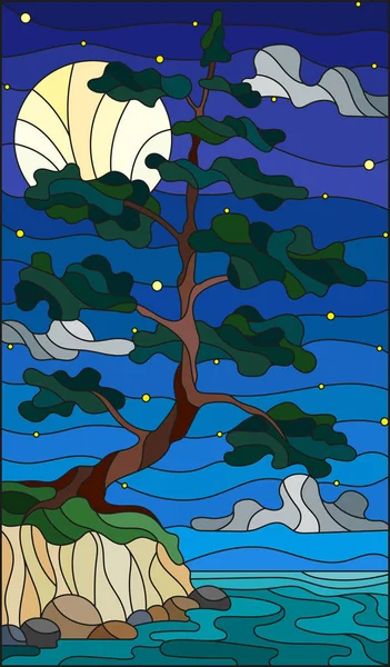 插画风格的彩绘玻璃与孤松树站在满天星斗的天空、 月亮和水的背景上银行 — 图库矢量图片