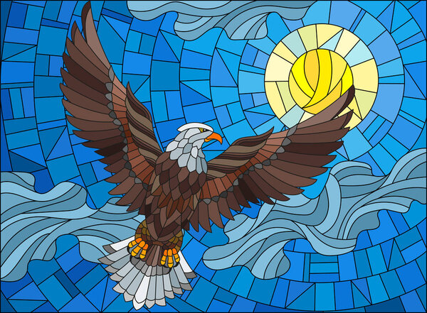 Illustration in stained glass style eagle on the background of sky, sun and clouds