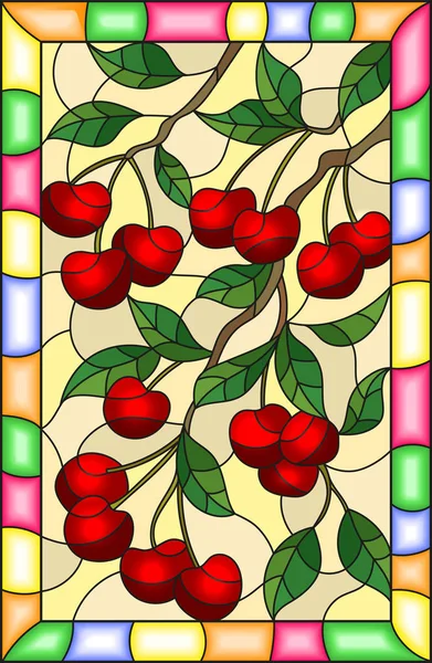 Ilustração no estilo de uma janela de vidro manchado com os ramos de cerejeira, os ramos, folhas e bagas em um fundo amarelo com moldura brilhante — Vetor de Stock