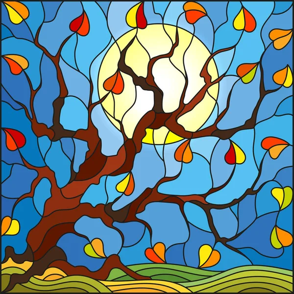 Ilustración en estilo vidriera con árbol de otoño sobre fondo cielo y sol — Archivo Imágenes Vectoriales
