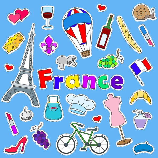 Ícones conjunto de patches sobre o assunto da viagem para o país da França em um fundo azul — Vetor de Stock