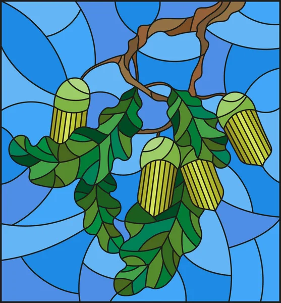 Ilustración en estilo vitral con rama de roble con bellotas y hojas inmaduras sobre fondo azul — Archivo Imágenes Vectoriales