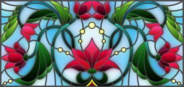 Vitray stil mavi bir arka plan üzerinde soyut pembe çiçekli resimde