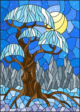 İllüstrasyon kar ile gökyüzü arka plan üzerinde kış ağacıyla vitray tarzında