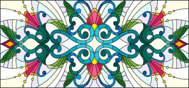 İllüstrasyon soyut swirls, vitray tarzında çiçekler ve hafif bir arka plan üzerinde yatay yönlendirme bırakır