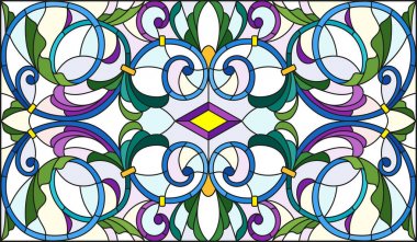 İllüstrasyon soyut swirls, vitray tarzında çiçekler ve hafif bir arka plan üzerinde yatay yönlendirme bırakır