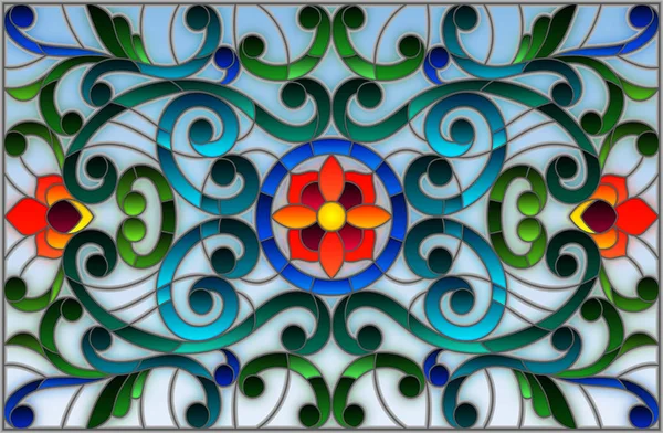 Illustration en vitrail avec tourbillons abstraits, fleurs et feuilles sur fond clair, orientation horizontale — Image vectorielle