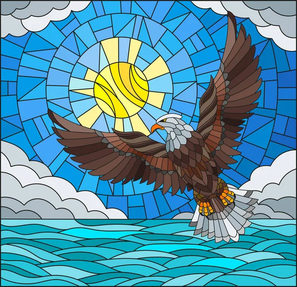 Ilustración en estilo de vidriera águila sobre el fondo del cielo, sol, nubes y agua — Archivo Imágenes Vectoriales