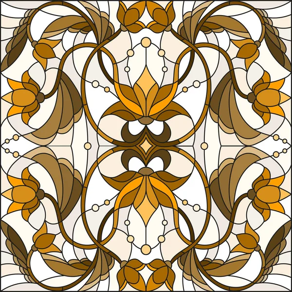 Ilustración en estilo vitral con remolinos abstractos y hojas sobre fondo claro, orientación horizontal, sepia — Vector de stock