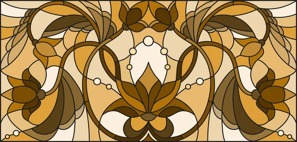 Illustrazione in stile vetrate con volute astratte e foglie su sfondo chiaro, orientamento orizzontale, seppia — Vettoriale Stock