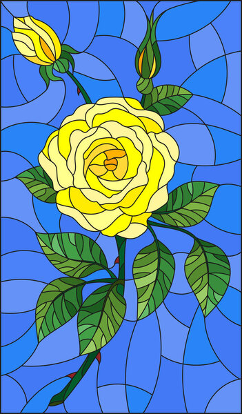 Иллюстрация в витражном стиле цветка желтой розы на фоне неба
