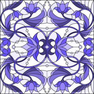 İllüstrasyon soyut swirls, vitray tarzında çiçekler ve hafif bir arka plan üzerinde mavi gama bırakır