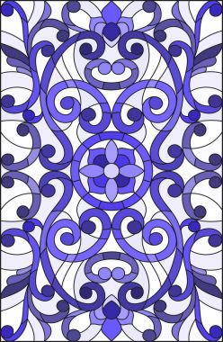 İllüstrasyon soyut swirls, vitray tarzında çiçekler ve hafif bir arka plan üzerinde dikey yönlendirme gama mavi yaprakları