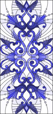 İllüstrasyon soyut swirls, vitray tarzında çiçekler ve hafif bir arka plan üzerinde dikey yönlendirme gama mavi yaprakları