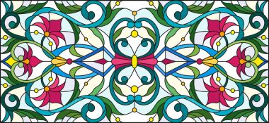 İllüstrasyon soyut swirls, vitray tarzında çiçekler ve hafif bir arka plan üzerinde yatay yönlendirme bırakır