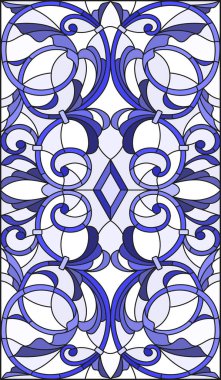 İllüstrasyon soyut swirls, vitray tarzında çiçekler ve hafif bir arka plan üzerinde dikey yönlendirme gama mavi yaprakları