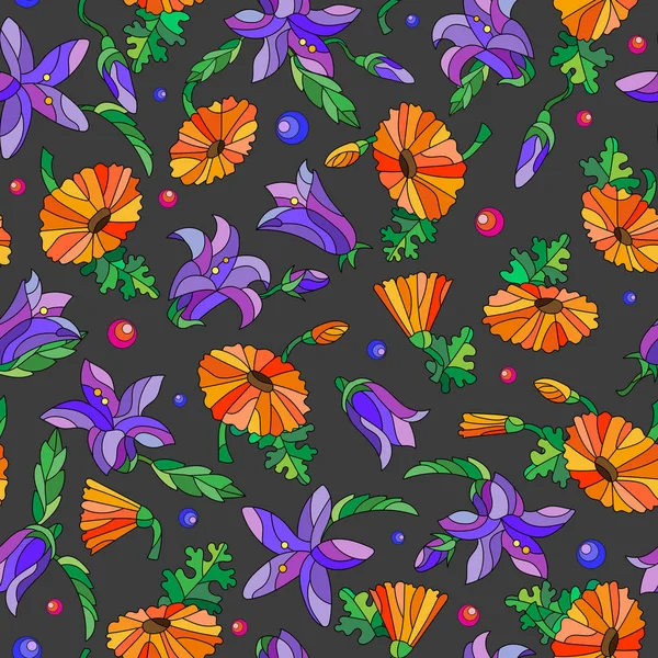 Nahtloser Hintergrund mit Frühlingsblumen im Glasmalereistil, Blumen, Knospen und Blättern auf dunklem Hintergrund — Stockvektor