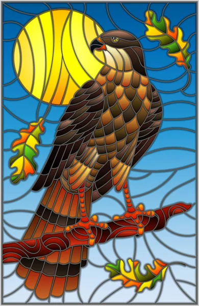 Ilustración en estilo vidriera con fabuloso halcón sentado en una rama de árbol contra el cielo — Vector de stock