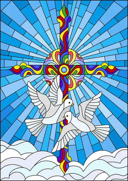 Illustrazione con una croce e un paio di colombe bianche in stile vetrate — Vettoriale Stock