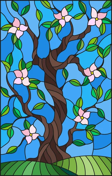 Ilustración en estilo vidriera con un árbol floreciente sobre fondo de cielo azul — Vector de stock