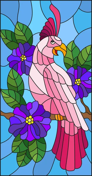 Ilustración en el estilo de vidrieras con un hermoso periquito rosado sentado en una rama de un árbol en flor sobre un fondo de hojas y cielo — Archivo Imágenes Vectoriales