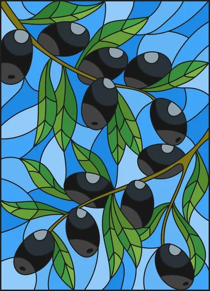 Illustrazione nello stile di una finestra di vetro colorato con i rami di ulivo, i rami, foglie e bacche contro il cielo — Vettoriale Stock