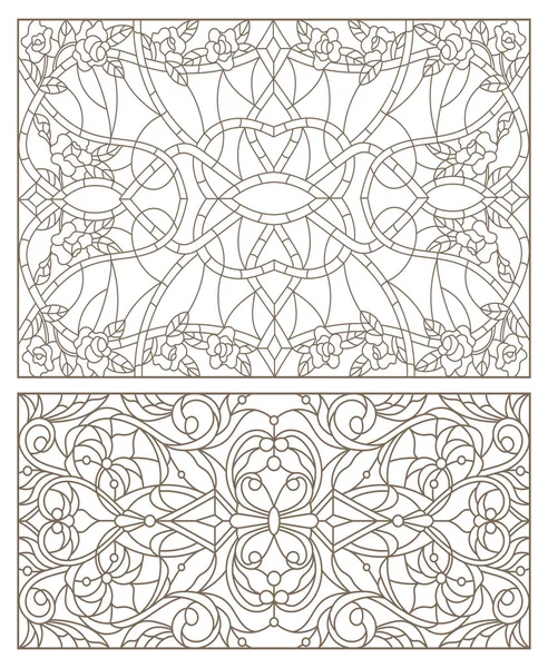 Набор контурных иллюстраций витражей с абстрактными вихрями и цветами, горизонтальной ориентацией — стоковый вектор