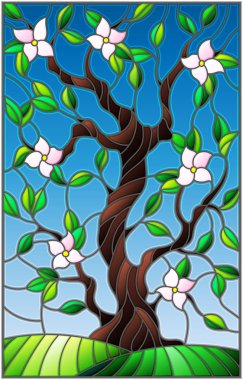 İllüstrasyon mavi gökyüzü arka plan üzerinde bir çiçekli ağaç vitray tarzında